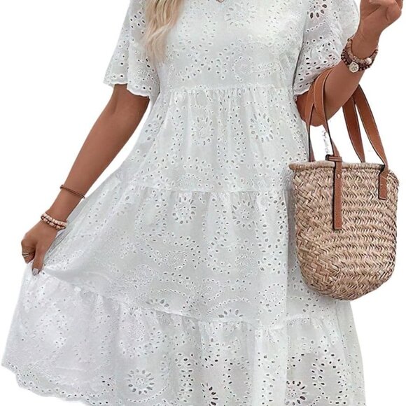 Women's Lace Eyelet Short Sleeve Tiered Midi Dress Flowy Ruffle Hem - Picture 1 of 5